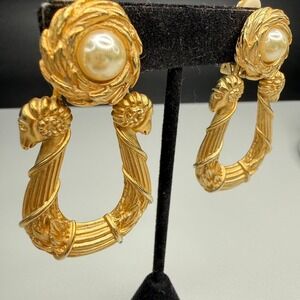 Vintage Door Knocker Earrings Clip On Ram Head Gold Tone Faux Pearl Greco Roman